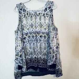 Roz & Ali Women's White Black Yellow Sleeveless Swing Top Blouse Size 1X